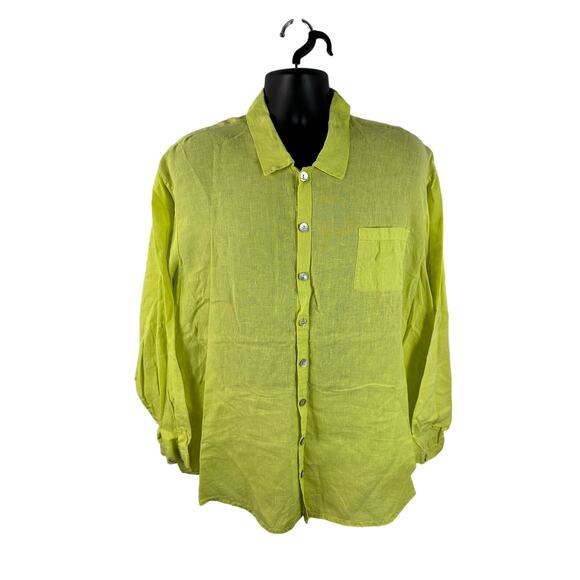 FLAX Linen Button up Longsleeve Women's Large Bright Yellow Pearlescent Buttons - Picture 1 of 11
